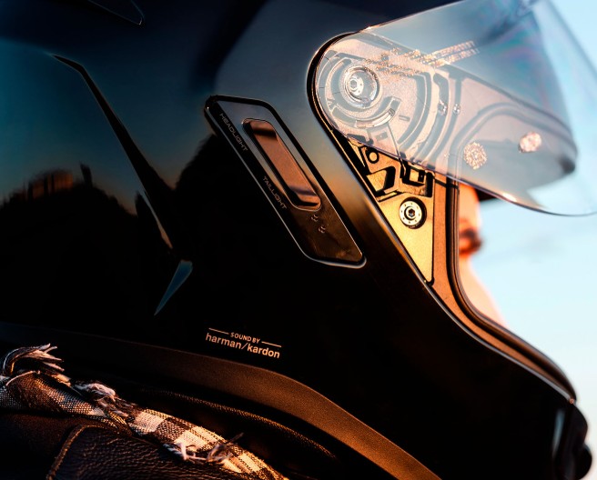 Close-up of Sena Phantom Helmet with integrated Harman Kardon audio