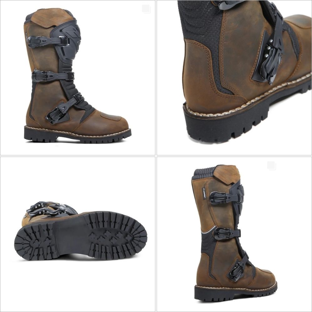 Multiple angles of the TCX Drifter WP Boots showing sole, buckles, and leather finish