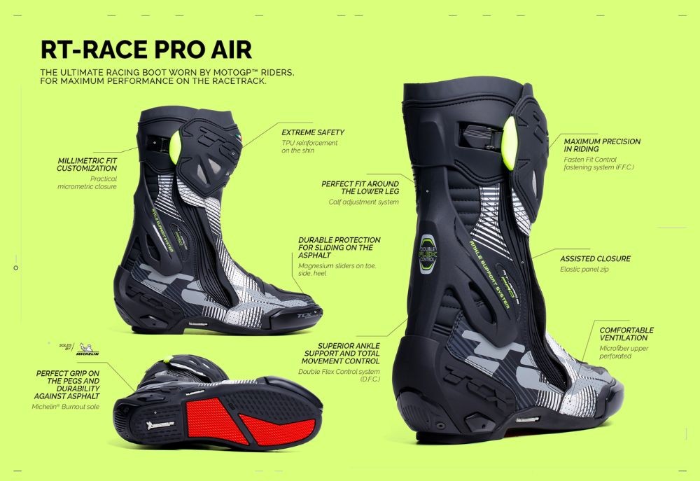 Labeled diagram of TCX RT-Race Pro Air Boots highlighting safety features, ventilation zones, and Michelin sole designed for track performance.