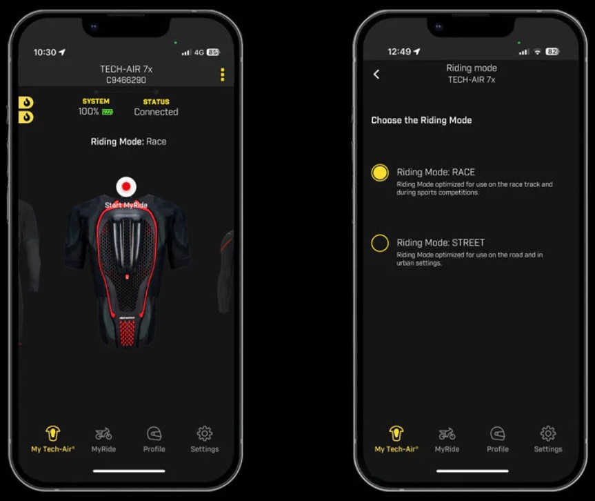 Smartphone app interface showing Alpinestars Tech-Air 7x airbag system status and riding mode options.