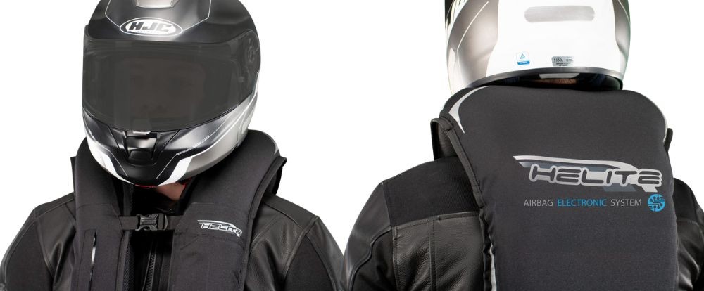 Front and back view of rider wearing Helite E-Turtle vest with air-inflated neck brace under the helmet