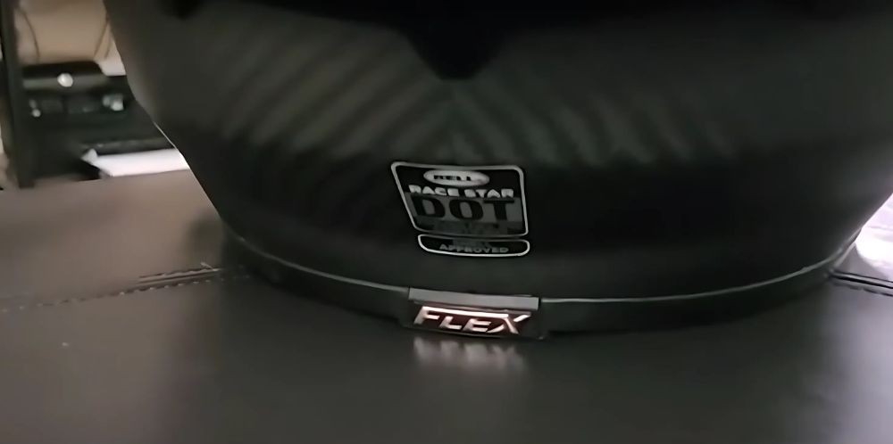 Back view of Bell Race Star helmet showing DOT and FLEX labels