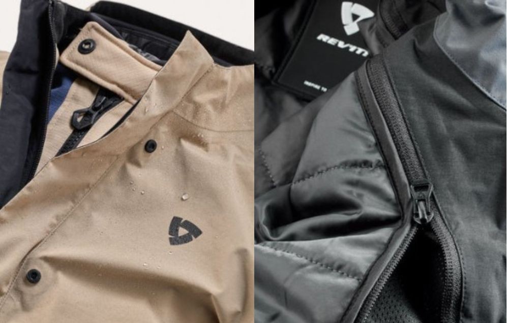 Close-up view of waterproof outer shell and removable thermal liner in motorcycle jackets, showing weather-ready modular construction.
