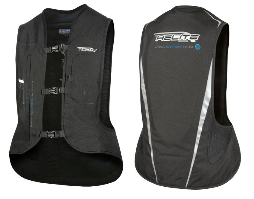 Front and back view of the Helite E-Turtle electronic airbag vest, designed to be worn over a motorcycle jacket