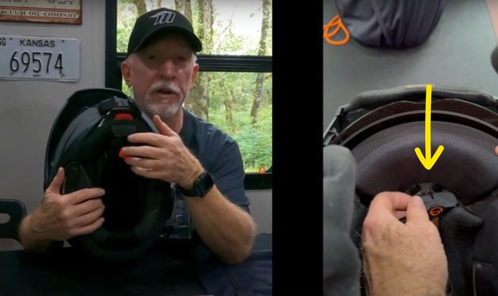 Rider demonstrating interior airflow seal inside the Schuberth E2 helmet