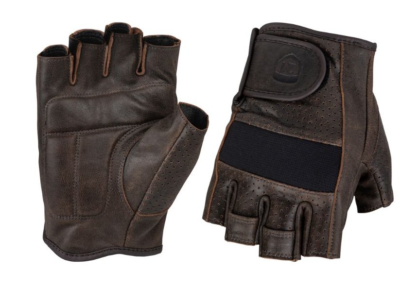 Highway 21 Half Jab fingerless motorcycle gloves in brown leather with padded palms and Kevlar-reinforced knuckles, shown front and back.