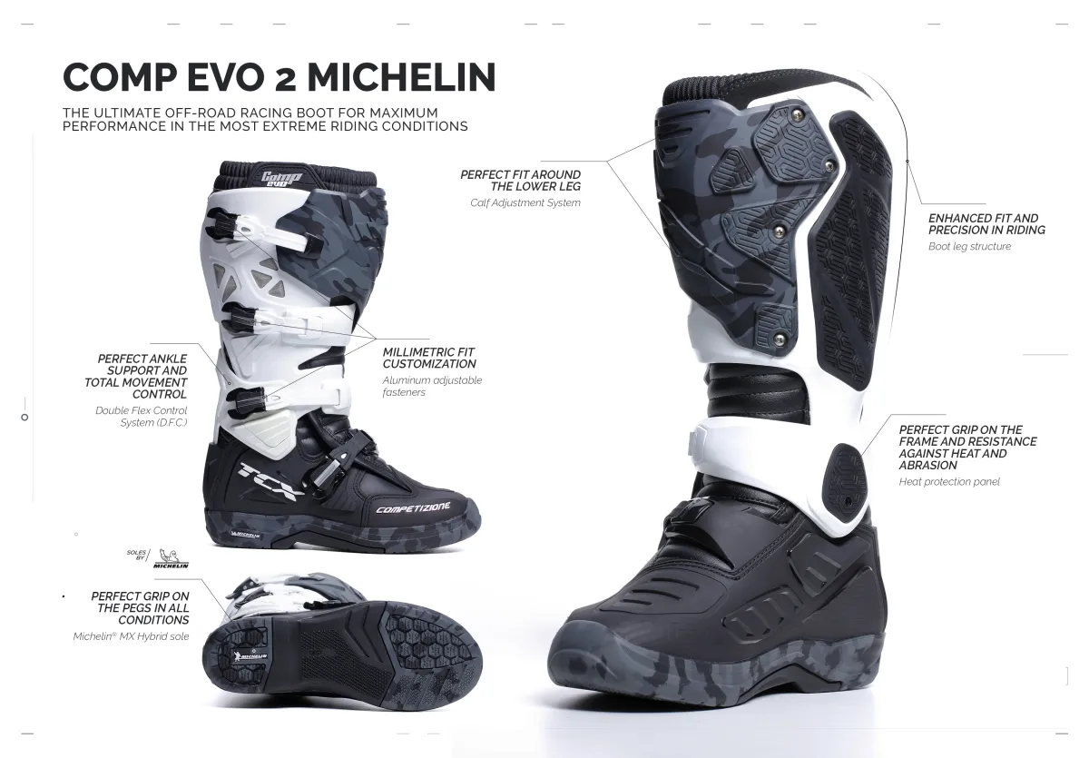 Detailed product view of TCX Comp Evo 2 Michelin boots showing Michelin sole, hinge system, and protective elements for high-performance off-road riding.