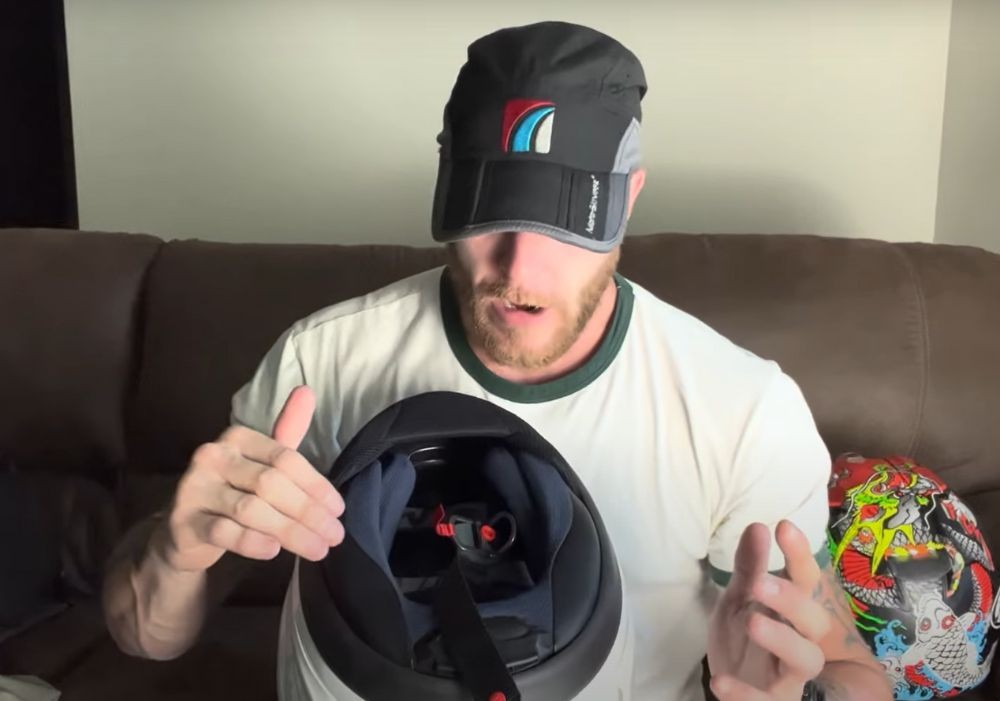 Showing the interior padding and snug fit of the Arai Corsair X helmet from the base view