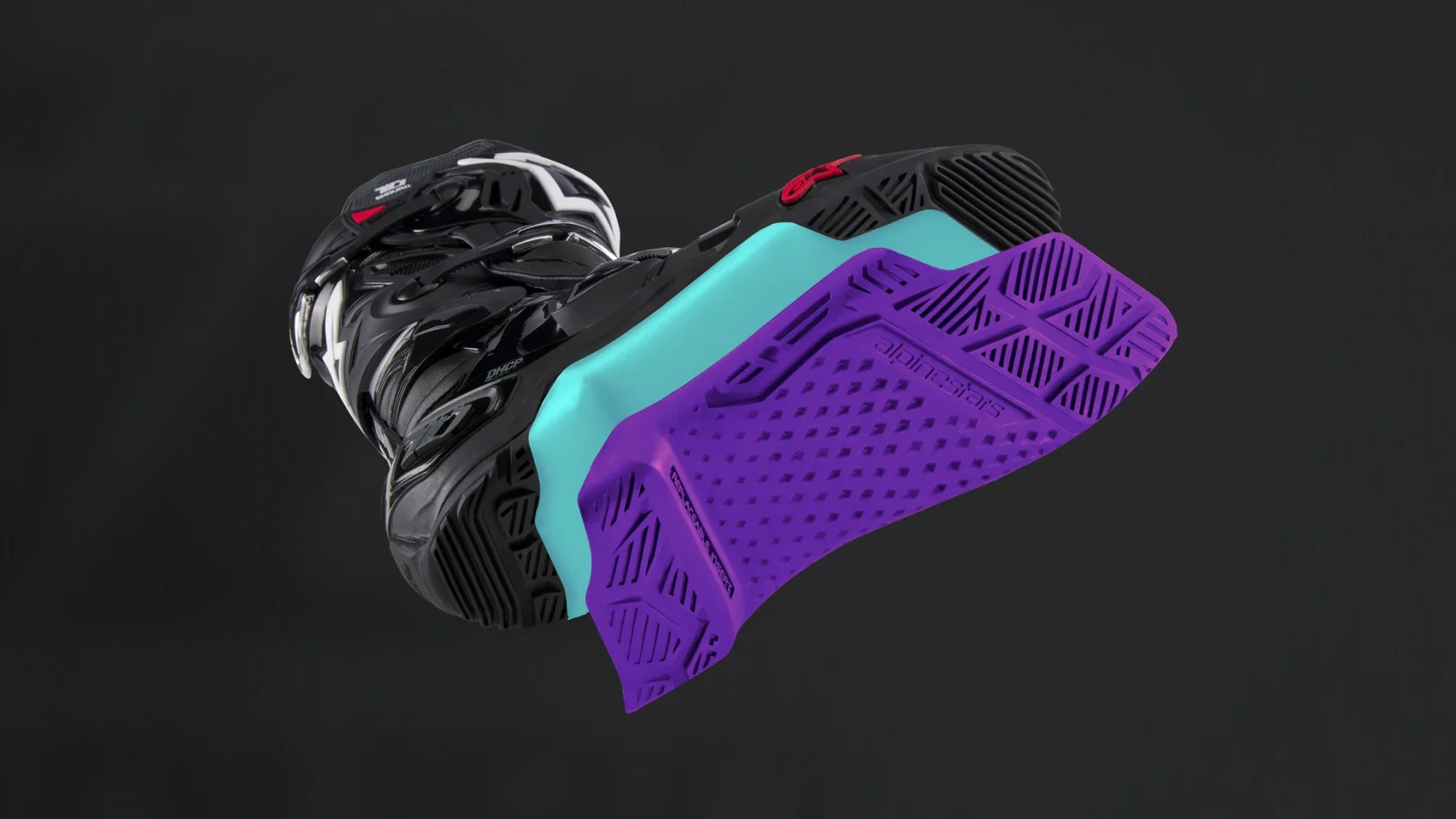 Close-up of Alpinestars Tech 10 Enduro boot showing proprietary rubber sole tread