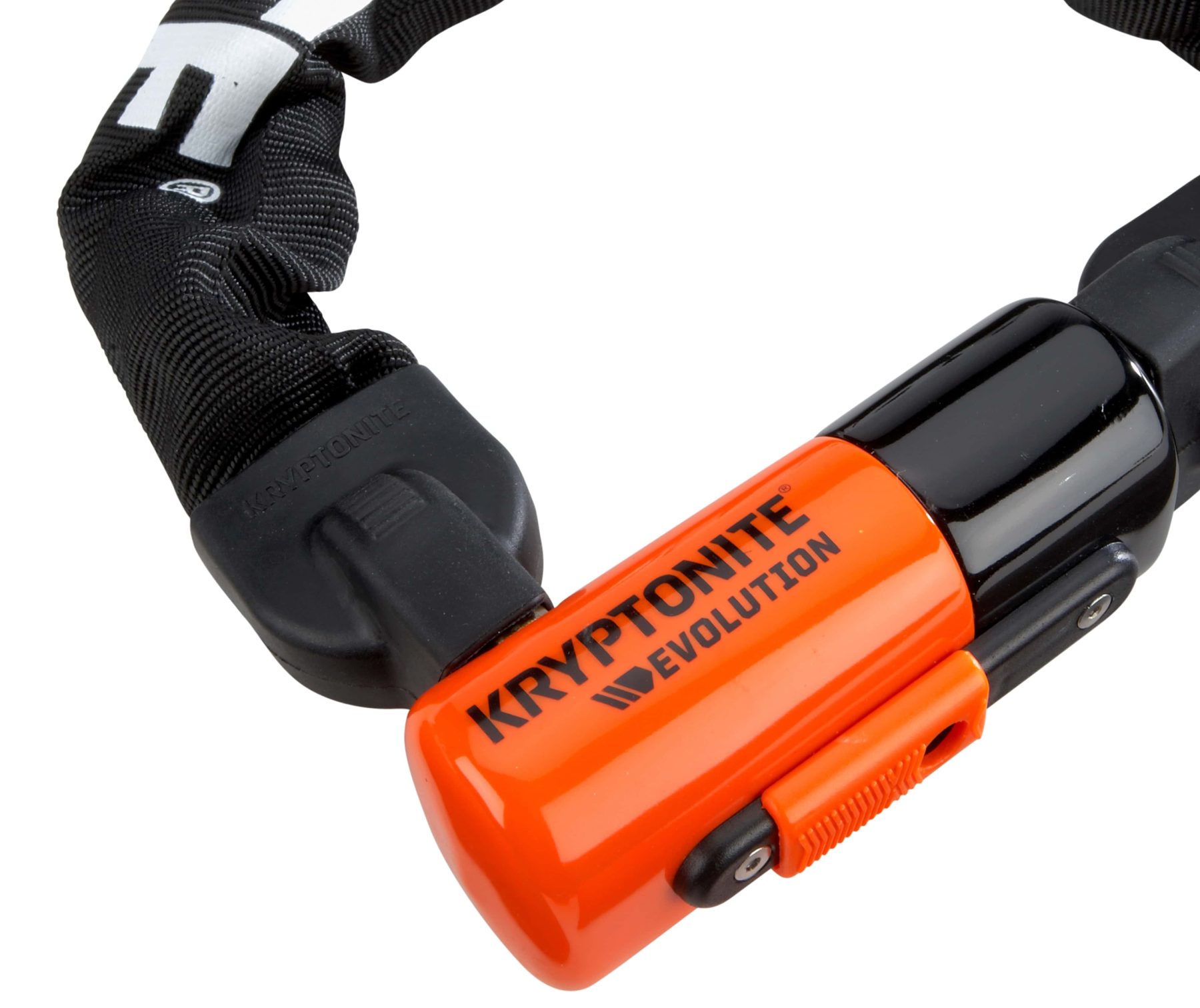 Close-up of Kryptonite Evolution Series 4 integrated chain lock for motorcycles