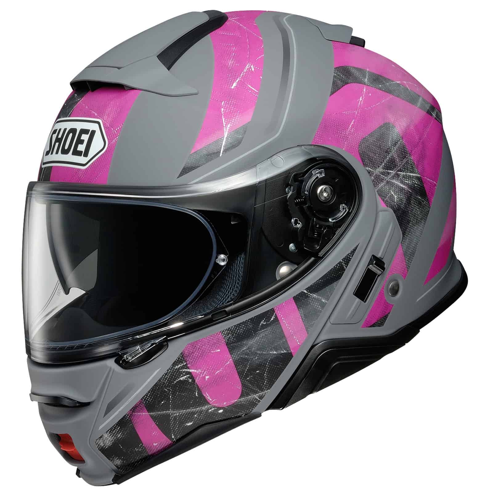Shoei modular helmet with pink and gray graphic design