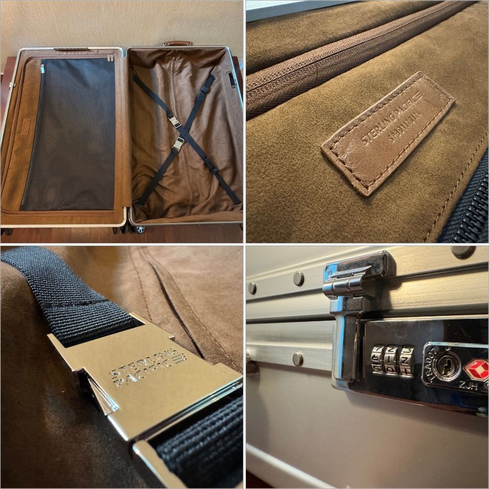 Detailed collage showing interior and hardware of the Sterling Pacific 90L suitcase, including suede lining, leather patch, buckle, and lock system.
