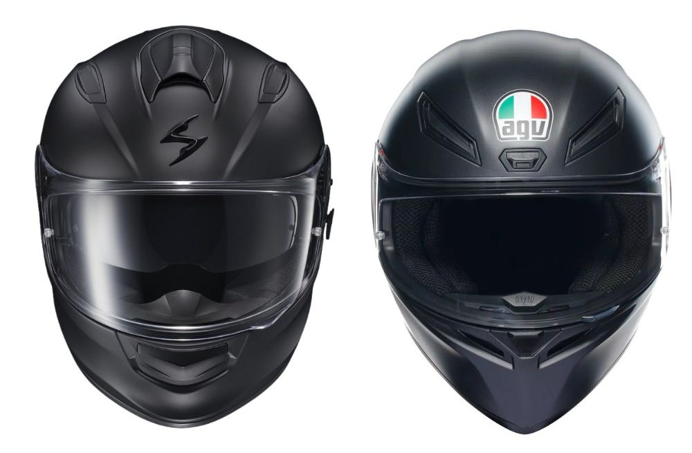 Front view of Scorpion EXO-Ryzer and AGV K1 S helmets, both in matte black and ready for custom Joker graphics.