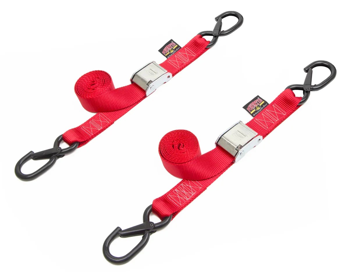 PowerTye 1.5" red cam buckle tie-down straps with S-hooks and spring-loaded keepers