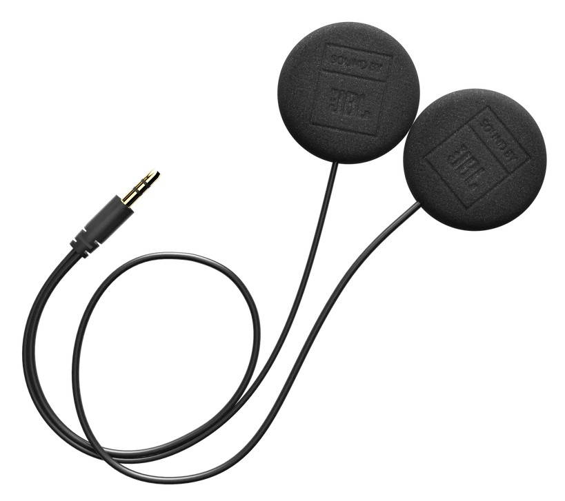 Cardo x JBL 45mm motorcycle helmet speakers with 3.5mm jack, shown coiled and ready for installation in a helmet audio system.
