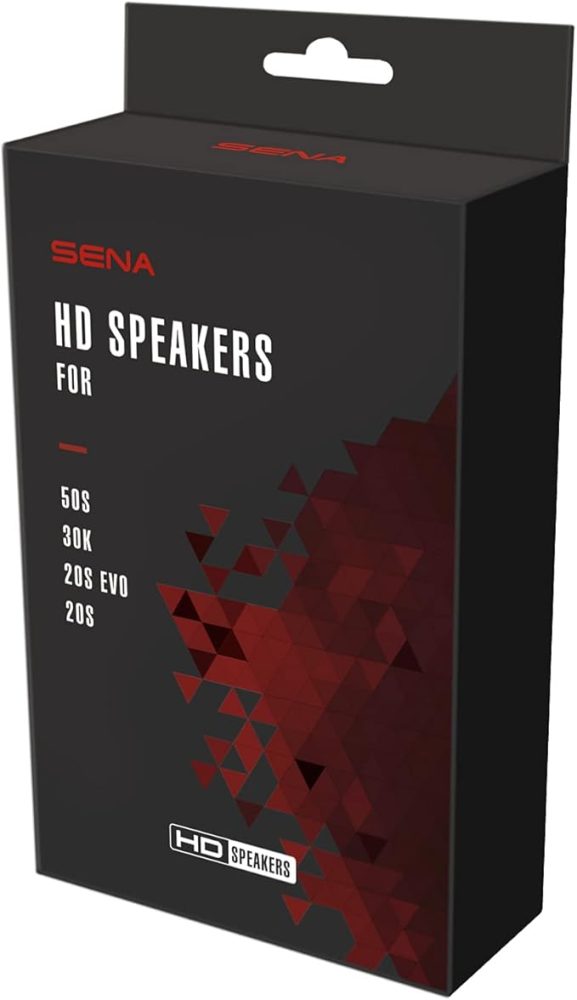 Box of Sena SC-A0325 HD helmet speakers, compatible with select Sena intercoms, featuring red geometric accents on black packaging