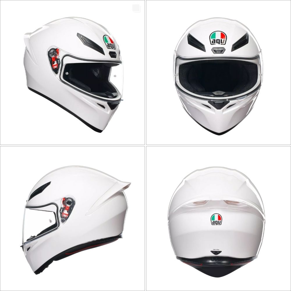 AGV K1 S white full-face helmet shown from multiple angles