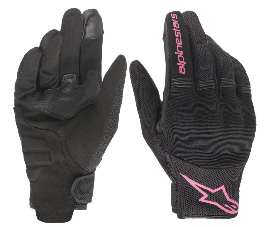 Front and back view of Alpinestars Stella Copper Gloves in black and pink, showing synthetic palm and flexible mesh upper.