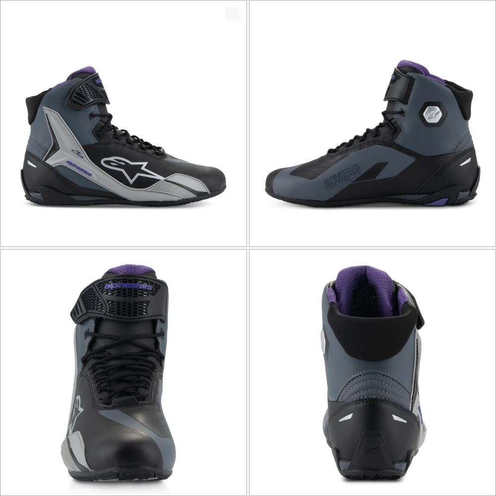 Alpinestars Stella Faster-4 motorcycle shoes in black and grey with purple accents, shown from multiple angles.