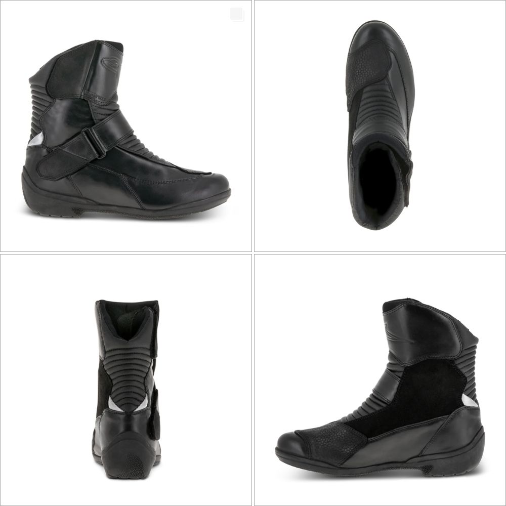 Alpinestars Stella Valencia WP black women’s motorcycle boots with flex panels, ankle armor, and waterproof low-cut touring design.
