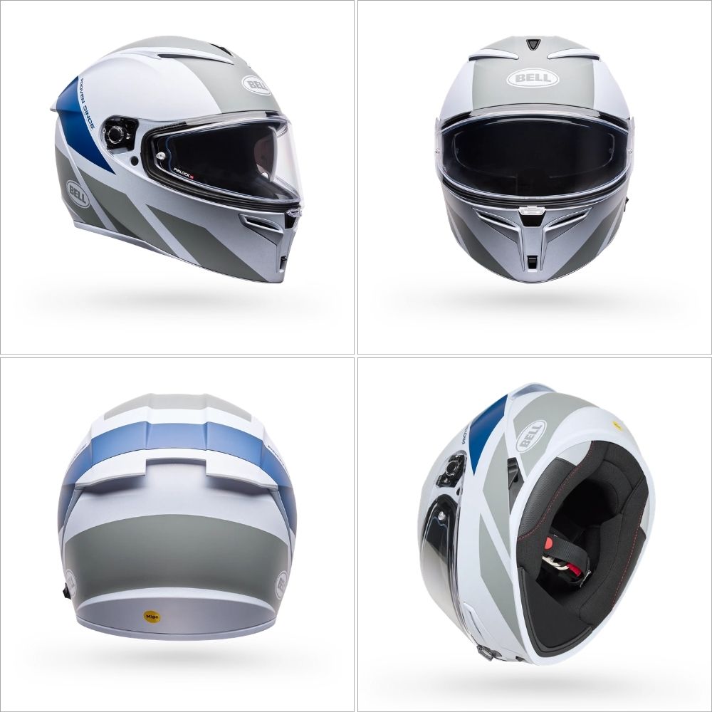 Bell Lithium Mips Tech full-face helmet showing front, side, rear, and interior views