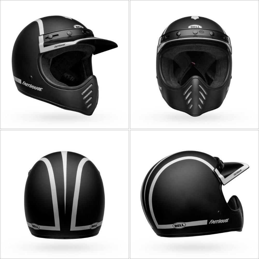 Front, side, and rear views of the Bell Moto-3 motorcycle helmet in matte black with retro stripes and a minimalist peak visor.
