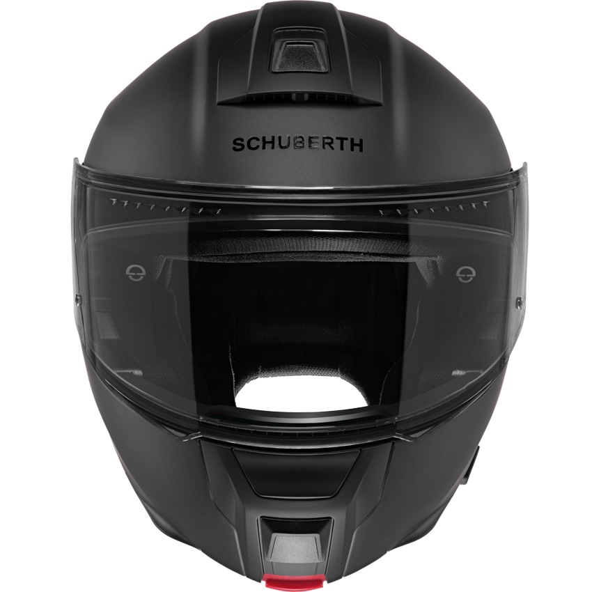 Front view of a matte black Schuberth motorcycle helmet with a clear visor, ideal as a base for safe helmet customization.