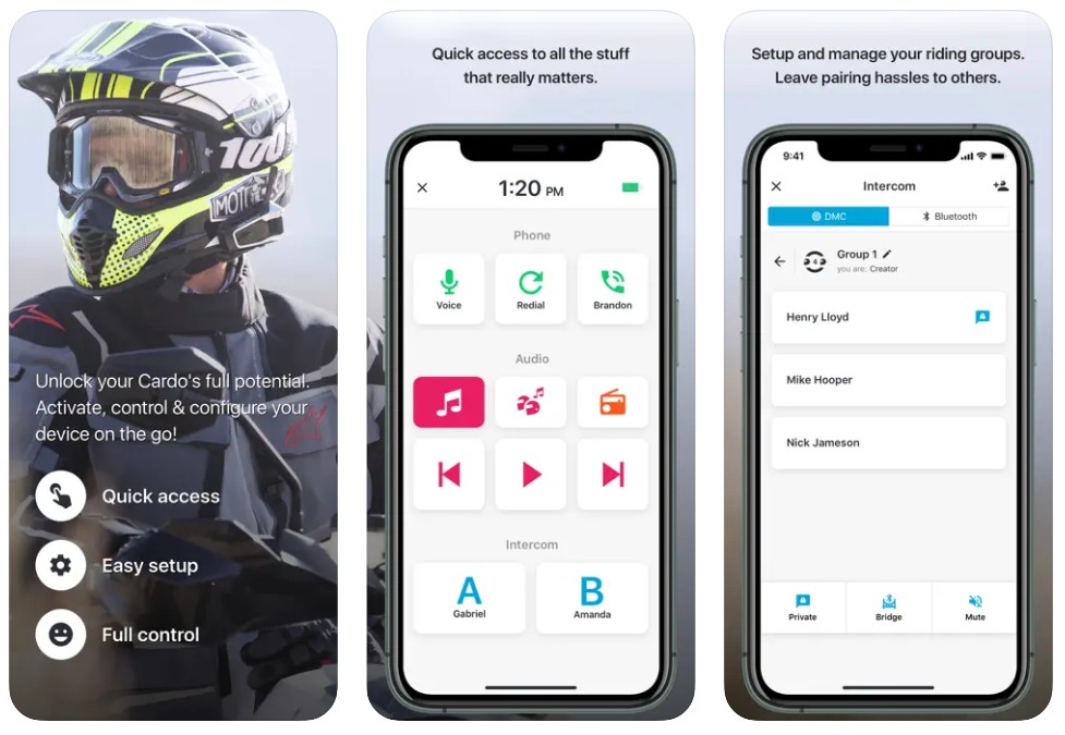 Cardo Connect app screenshots showing voice, audio, and group intercom features alongside a rider in motocross gear.
