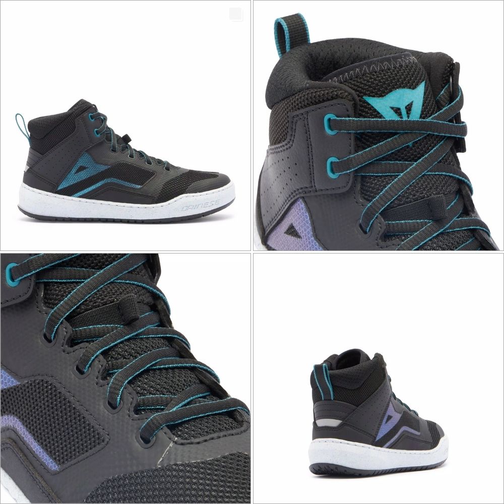 Dainese Suburb Air Women’s motorcycle shoes in black with teal and purple accents, sneaker-style design, shown from various angles.