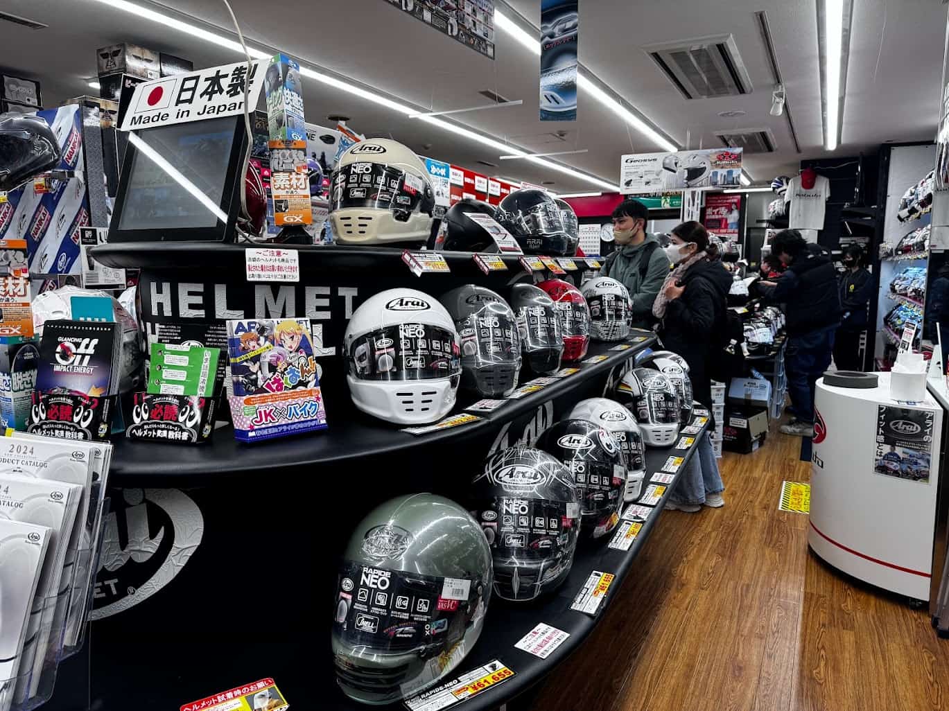 Motorcycle helmet store in Japan with a wide selection of touring helmets