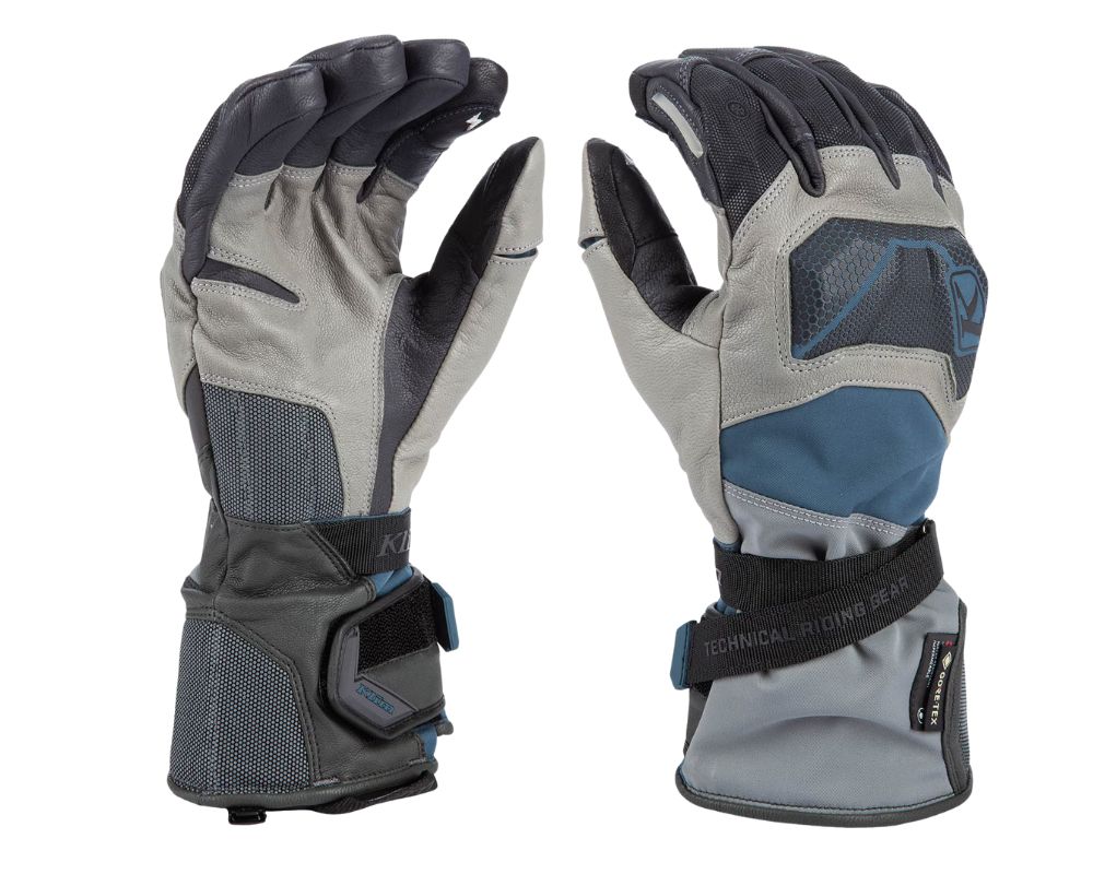 Front and back view of Klim Badlands GTX Gloves showing protective armor and full-gauntlet design