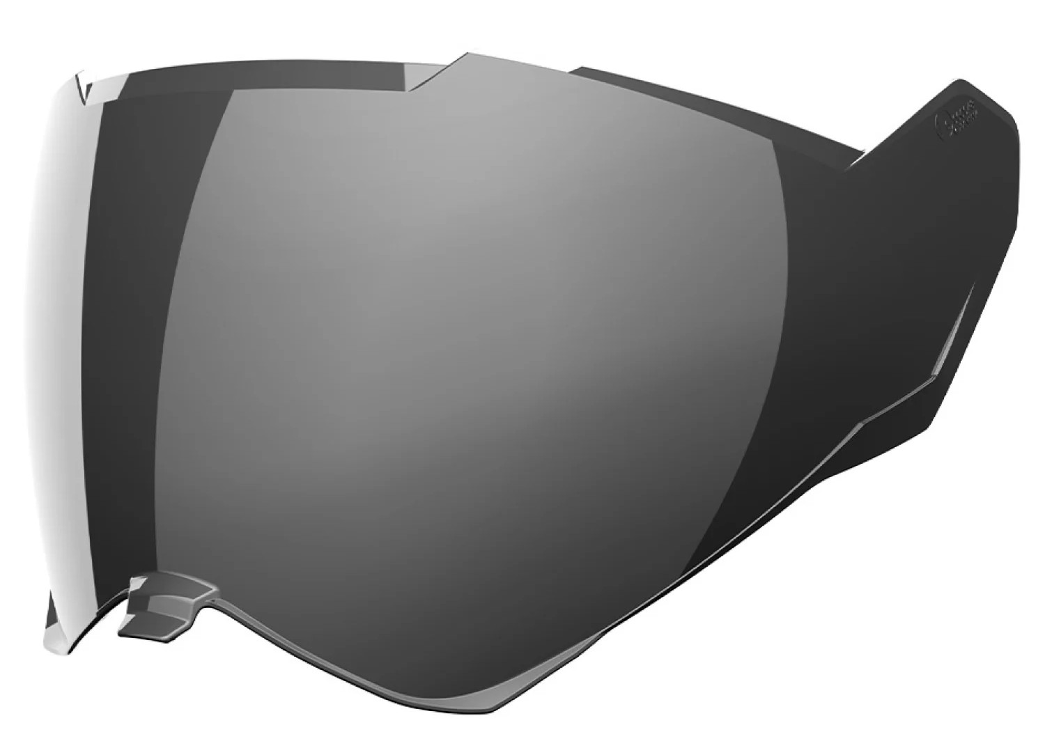 Close-up of a smoked or iridium-tinted motorcycle helmet visor with a sleek, mirrored finish and aerodynamic edges.