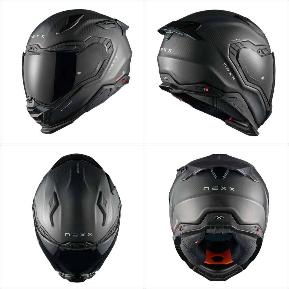 Four views of the Nexx X.WST3 Zero Pro 3 Carbon helmet in matte carbon, showing its aggressive, aerodynamic design and full-face profile.