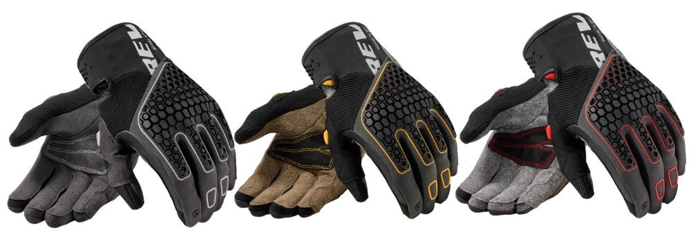 REV’IT! Mangrove 2 gloves showing mesh panels and knuckle protection in multiple color options