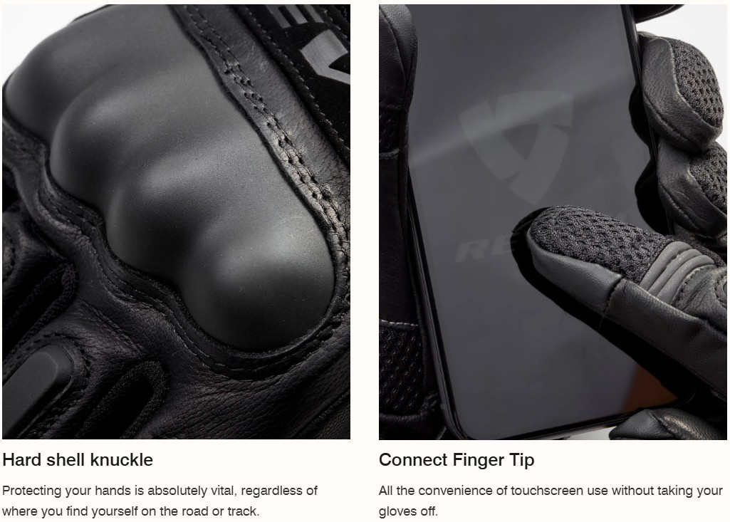 Close-up of REV'IT! New Heights Women's Gloves showing hard knuckle protection and touchscreen-compatible fingertips.