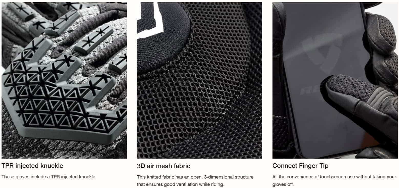 Close-up of REV'IT! Sand 5 Women's Gloves showing TPR knuckle, mesh fabric, and touchscreen fingertip.