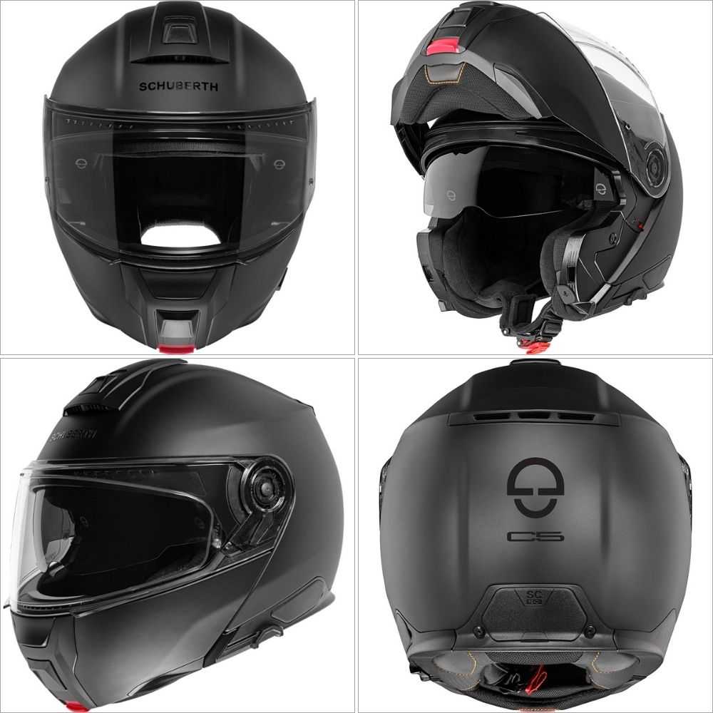 Multiple angles of the Schuberth C5 modular motorcycle helmet in matte black, showing front, back, side, and open configurations.