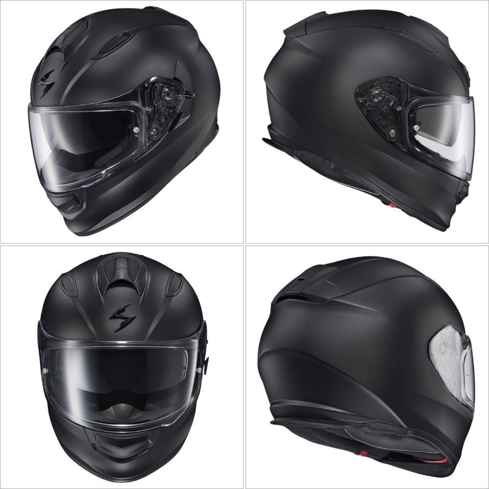 Four angles of the matte black Scorpion EXO-Ryzer modular motorcycle helmet, showing front, side, top, and rear views with clear visor.