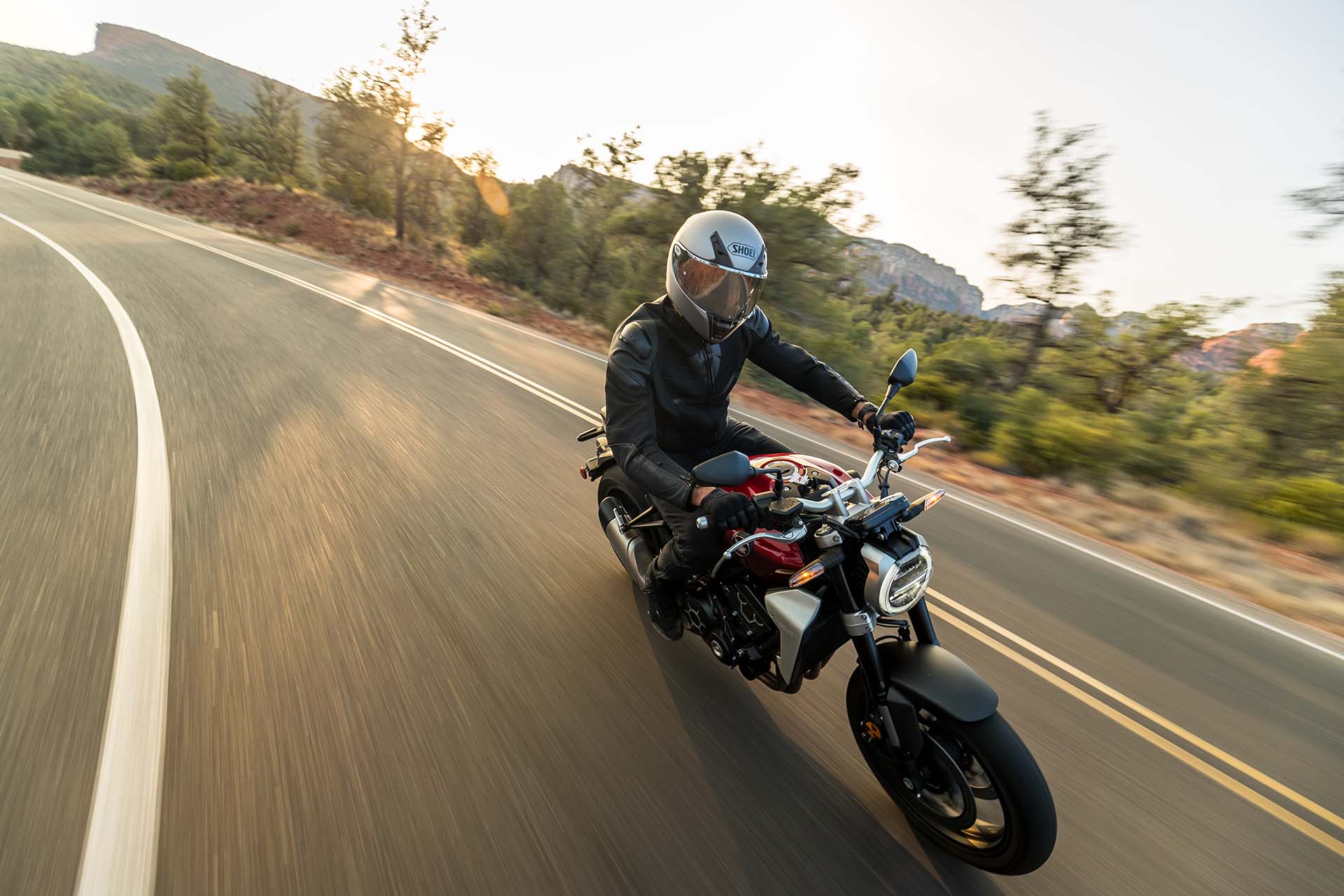 Motorcyclist leaning into a turn on a scenic road with full touring gear