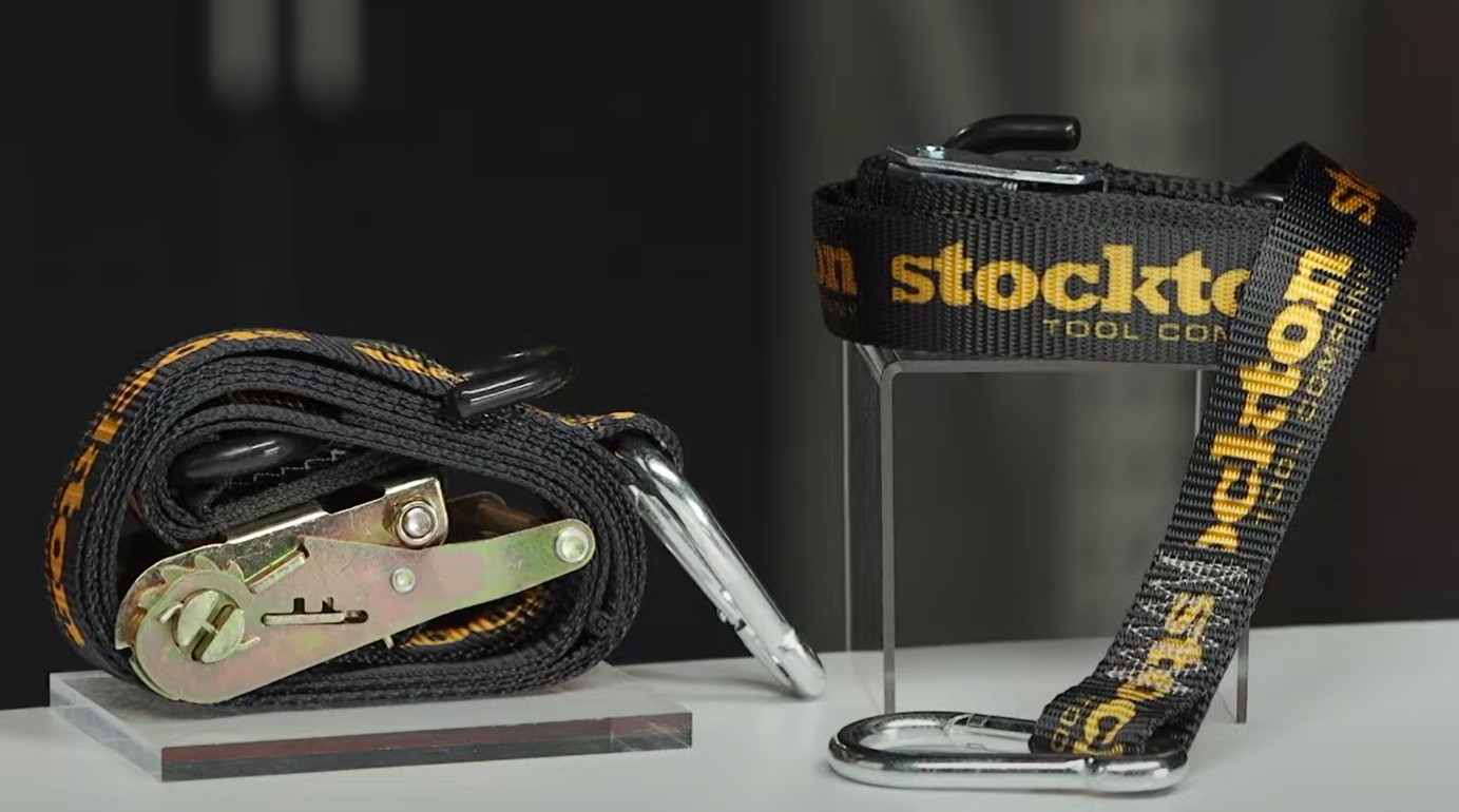 Stockton cam buckle tie down straps with carabiner hook and wide black webbing