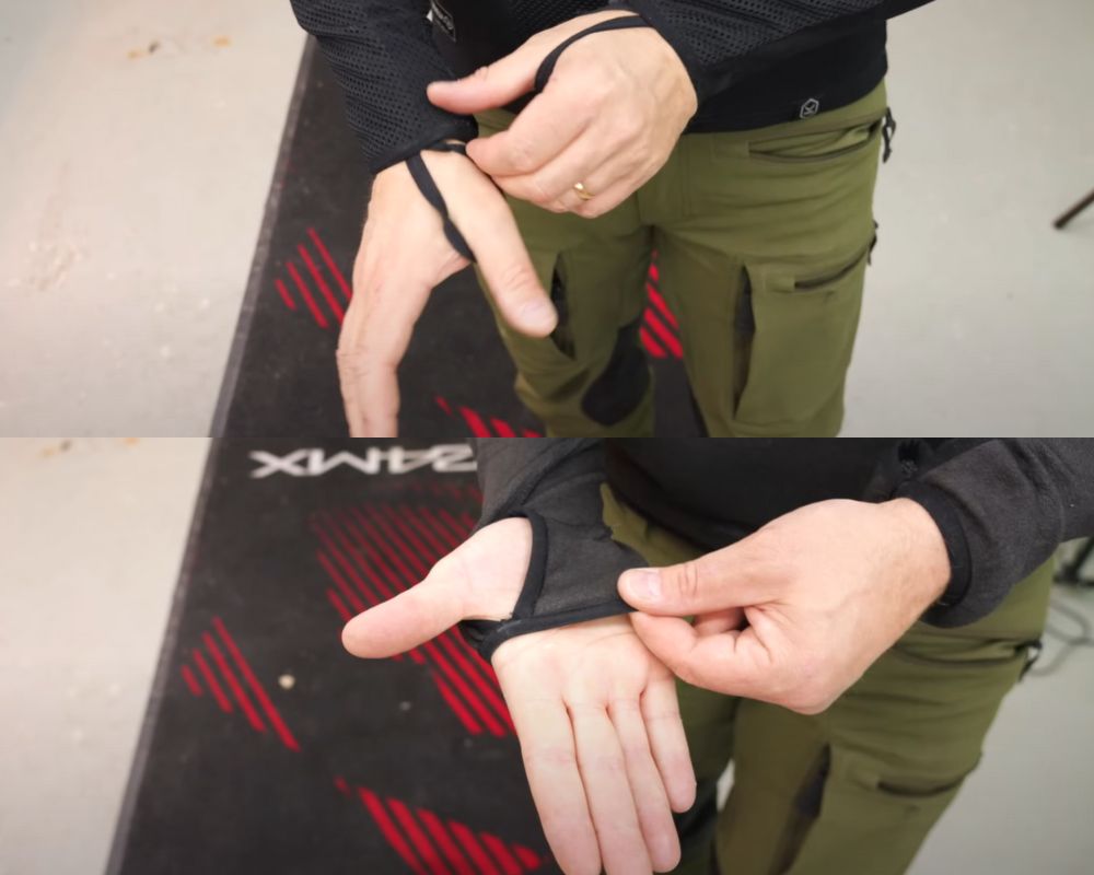 Close-up comparison of thumb loop designs on Knox (top) and Supershirt (bottom) base layers