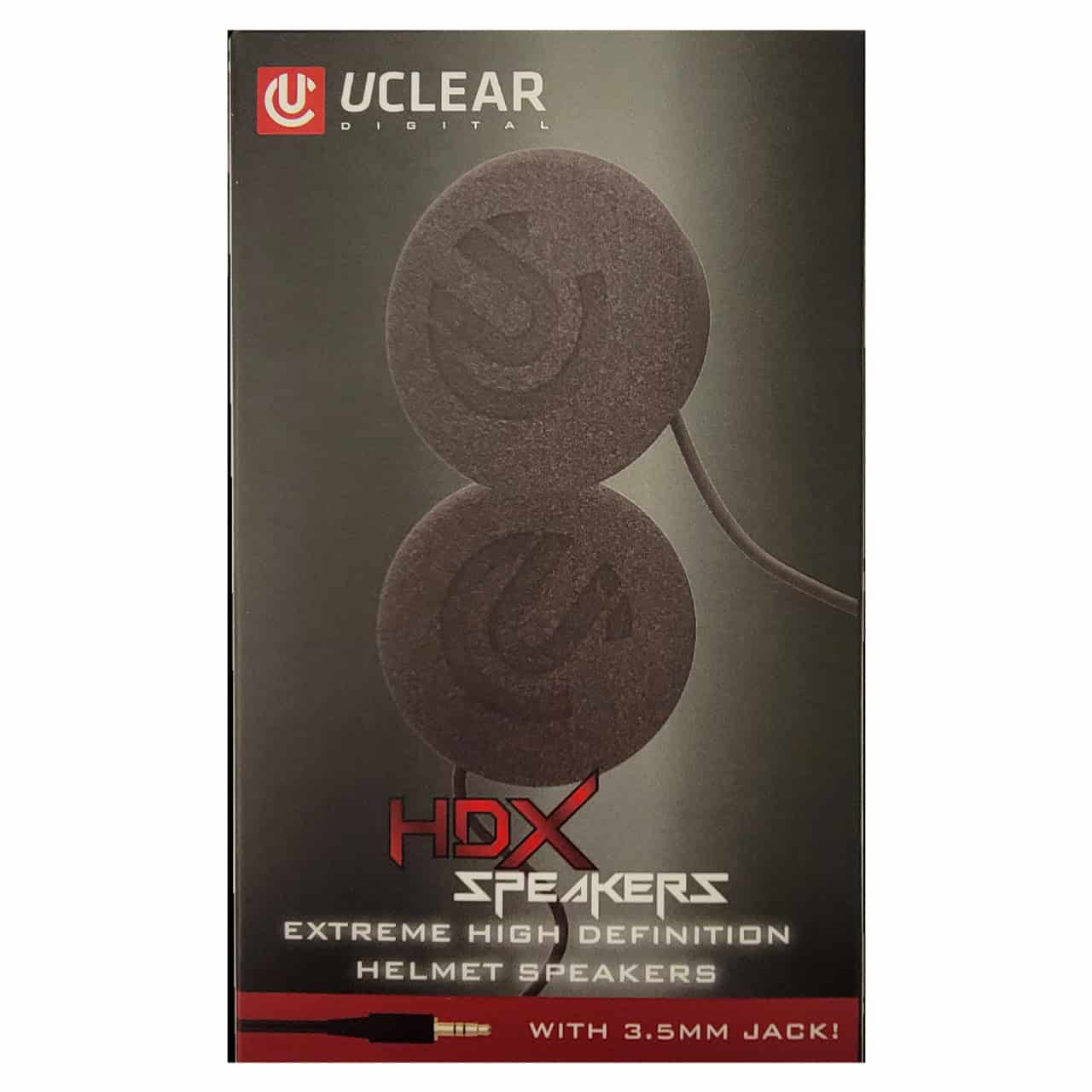 UClear Digital HDX 47 mm Helmet Speakers in retail packaging