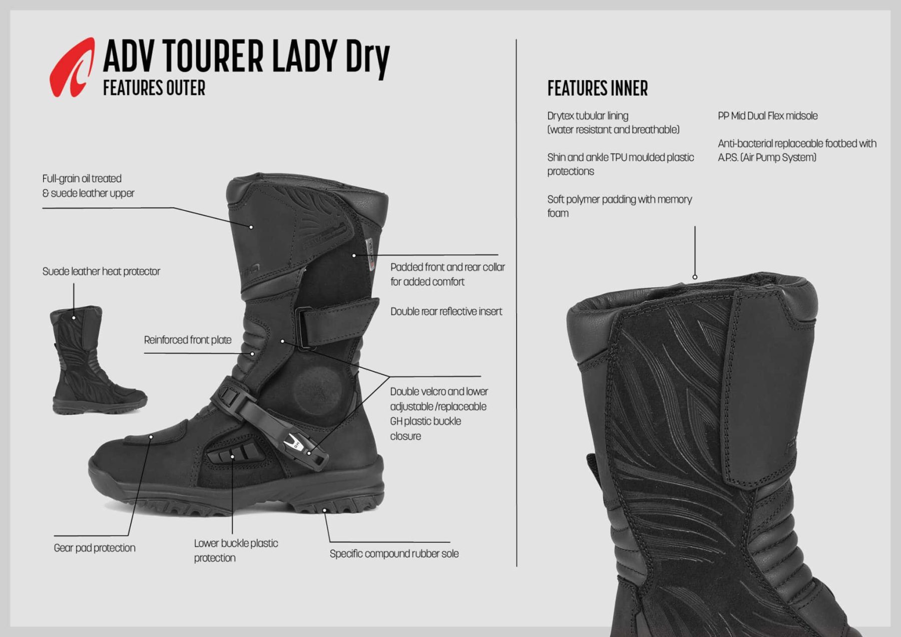 Forma ADV Tourer Women’s mid-height motorcycle boots in black with suede and oiled leather construction, labeled with technical features.