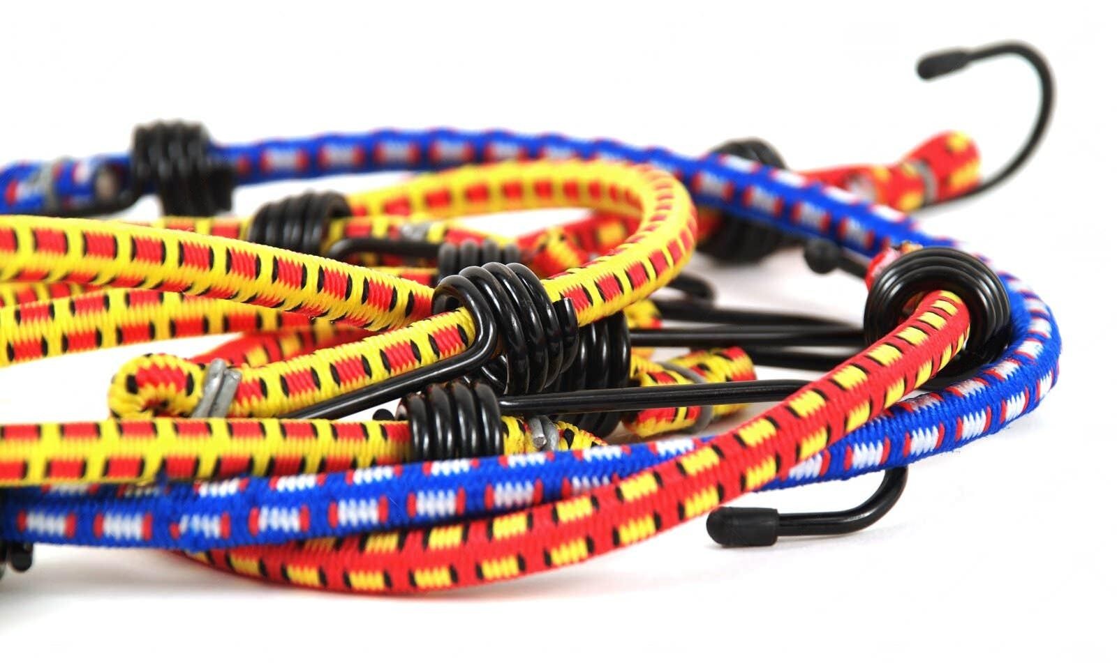 Colorful bungee cords with metal hooks tangled together on a white background