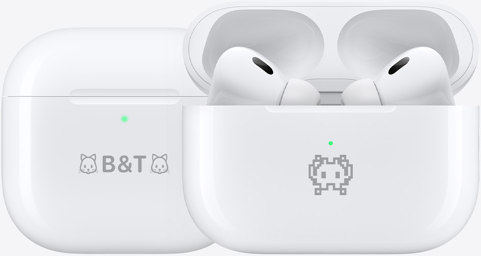 Apple AirPods Pro with engraved charging cases, ideal wireless alternative to helmet speakers for riders.