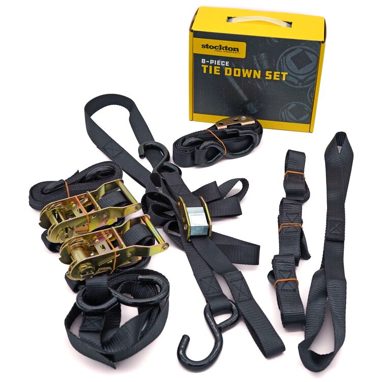 Stockton 8 Piece Tie Down Kit with ratchet straps, cam buckles, soft loops, and yellow box packaging