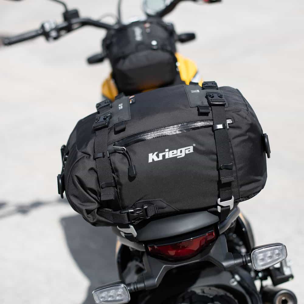 Kriega US-Drypack mounted on rear of motorcycle, ready for touring