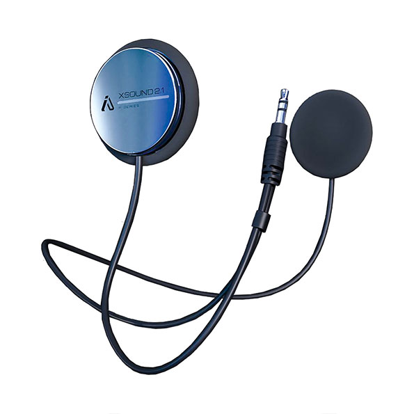 IASUS XSound 2.1R helmet speakers with polished metal housing, foam covers, and 3.5mm audio jack with extension-ready cable.