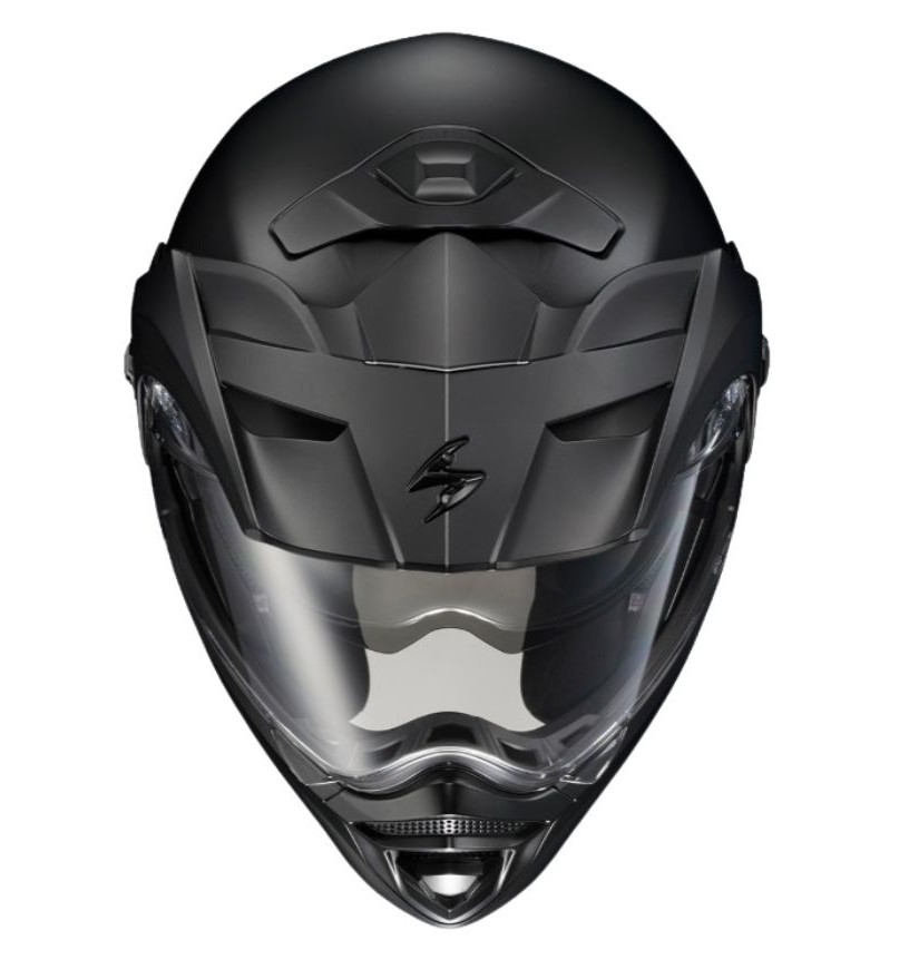 Front view of ScorpionEXO AT960 helmet showing top intake vents and dual-position chin vent