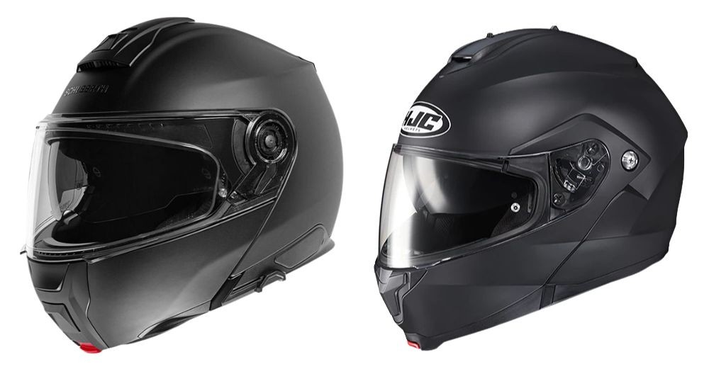 Side-by-side comparison of Schuberth C5 and HJC C91 modular helmets in matte black, showcasing design and price-tier differences.